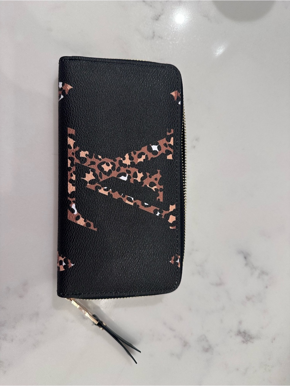NWOT Black Leopard-Accent Zip Wallet
